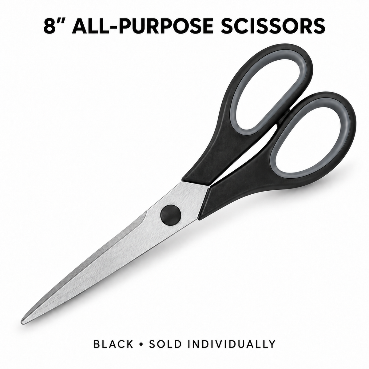 One pair of 8-inch black all-purpose scissors with gray inner grips, sold individually