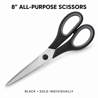 One pair of 8-inch black all-purpose scissors with gray inner grips, sold individually