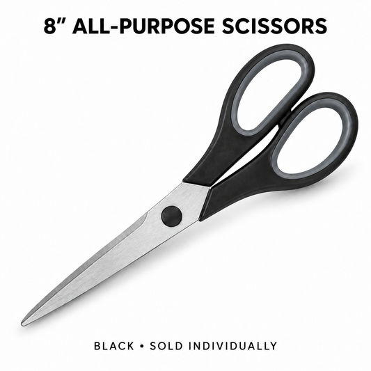 One pair of 8-inch black all-purpose scissors with gray inner grips, sold individually