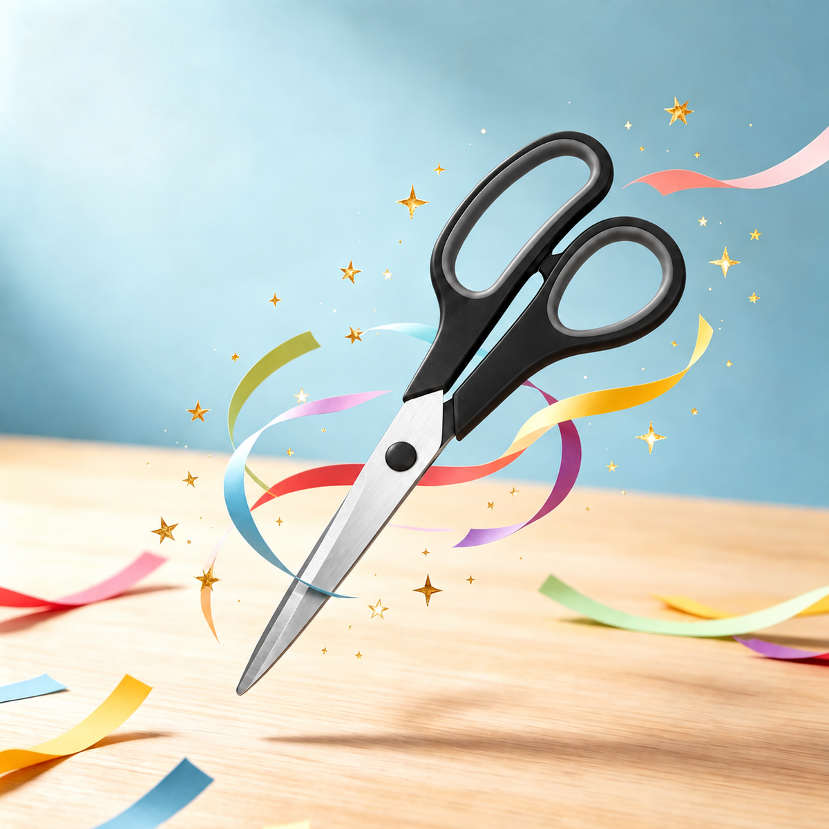 Black scissors with gray grips displayed with colorful paper ribbons