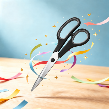 Black scissors with gray grips displayed with colorful paper ribbons