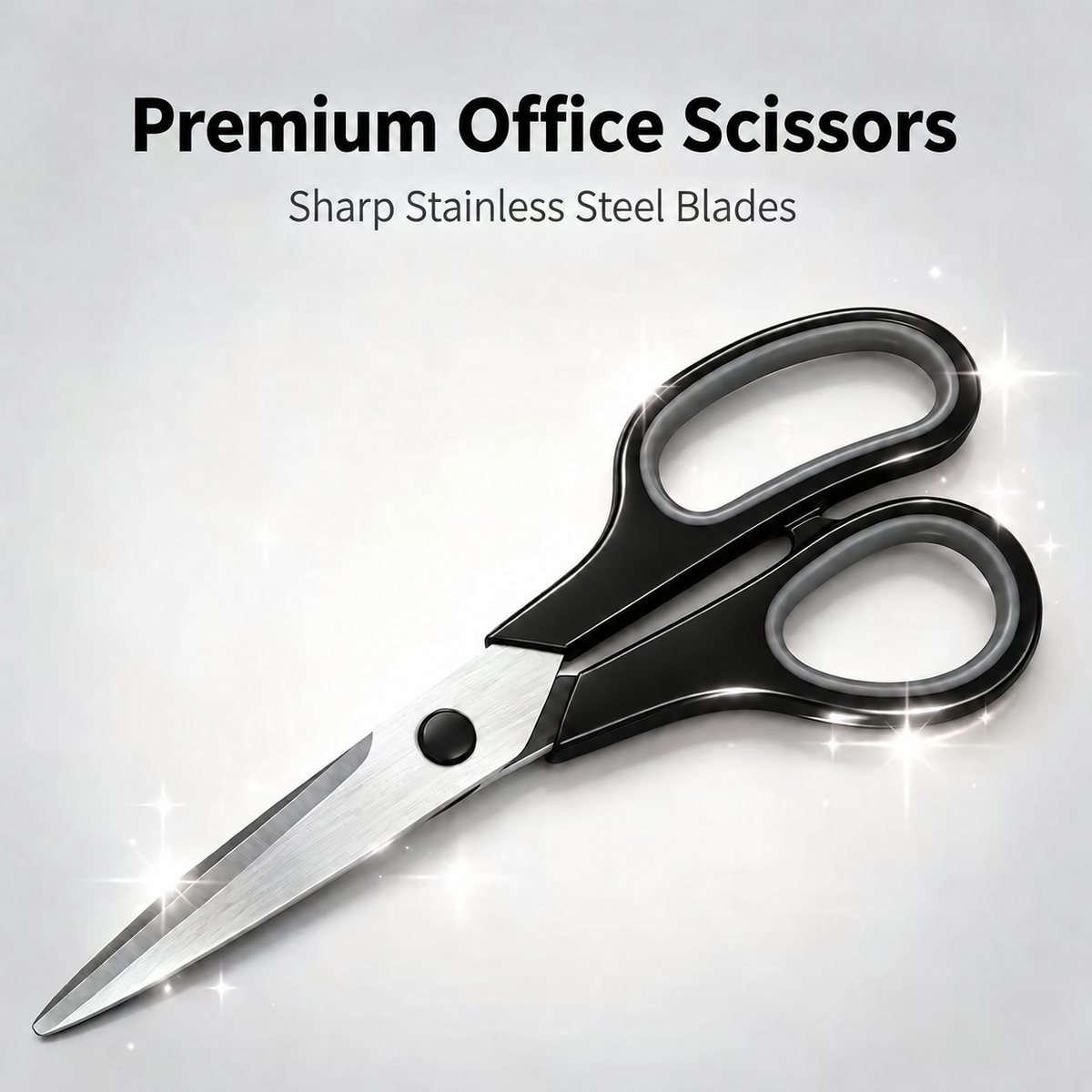 Black office scissors with gray inner grips and stainless steel blades