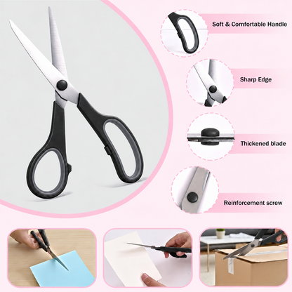 Black scissors with gray grips showing handle details and everyday cutting examples