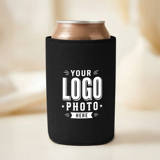 Custom black leatherette can cooler with UV printed logos, names, photos, and artwork for corporate gifts, businesses, events, golf tournaments, and promotional marketing.