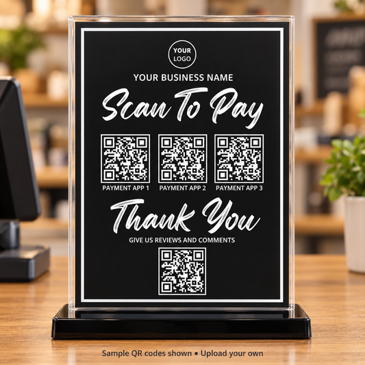 Black 5x7 Scan to Pay and Review sign in clear holder with three sample payment QR codes and one sample review QR code