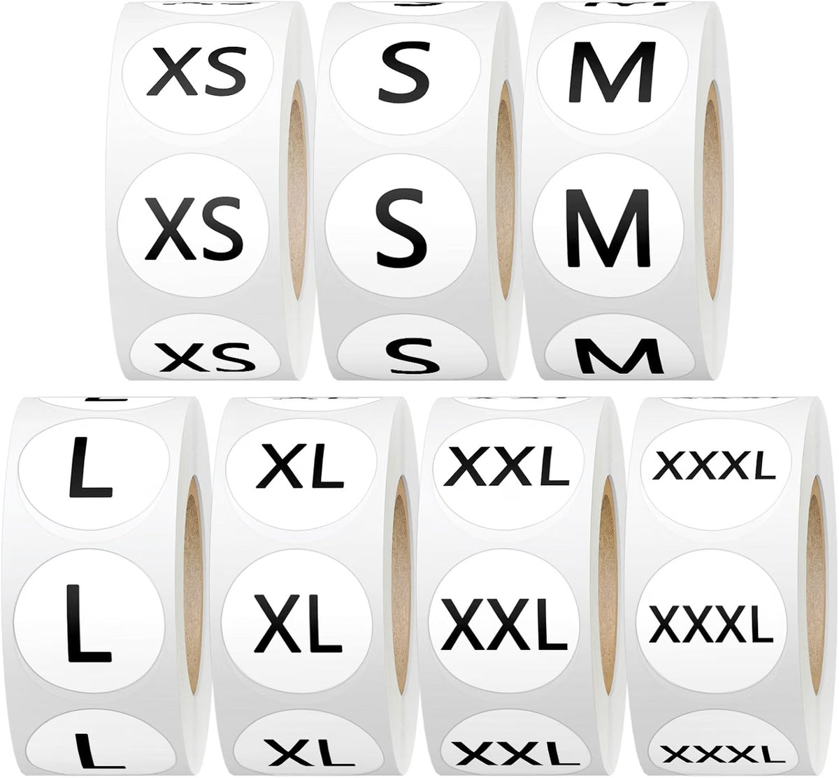 Black and white clothing size stickers, seven rolls in sizes XS through XXXL