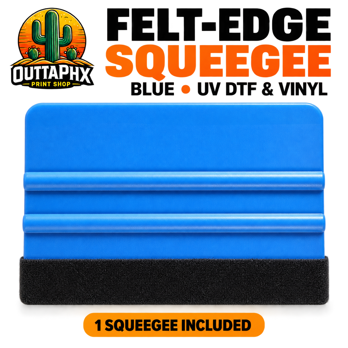 Blue plastic squeegee with black felt edge and raised grip ribs