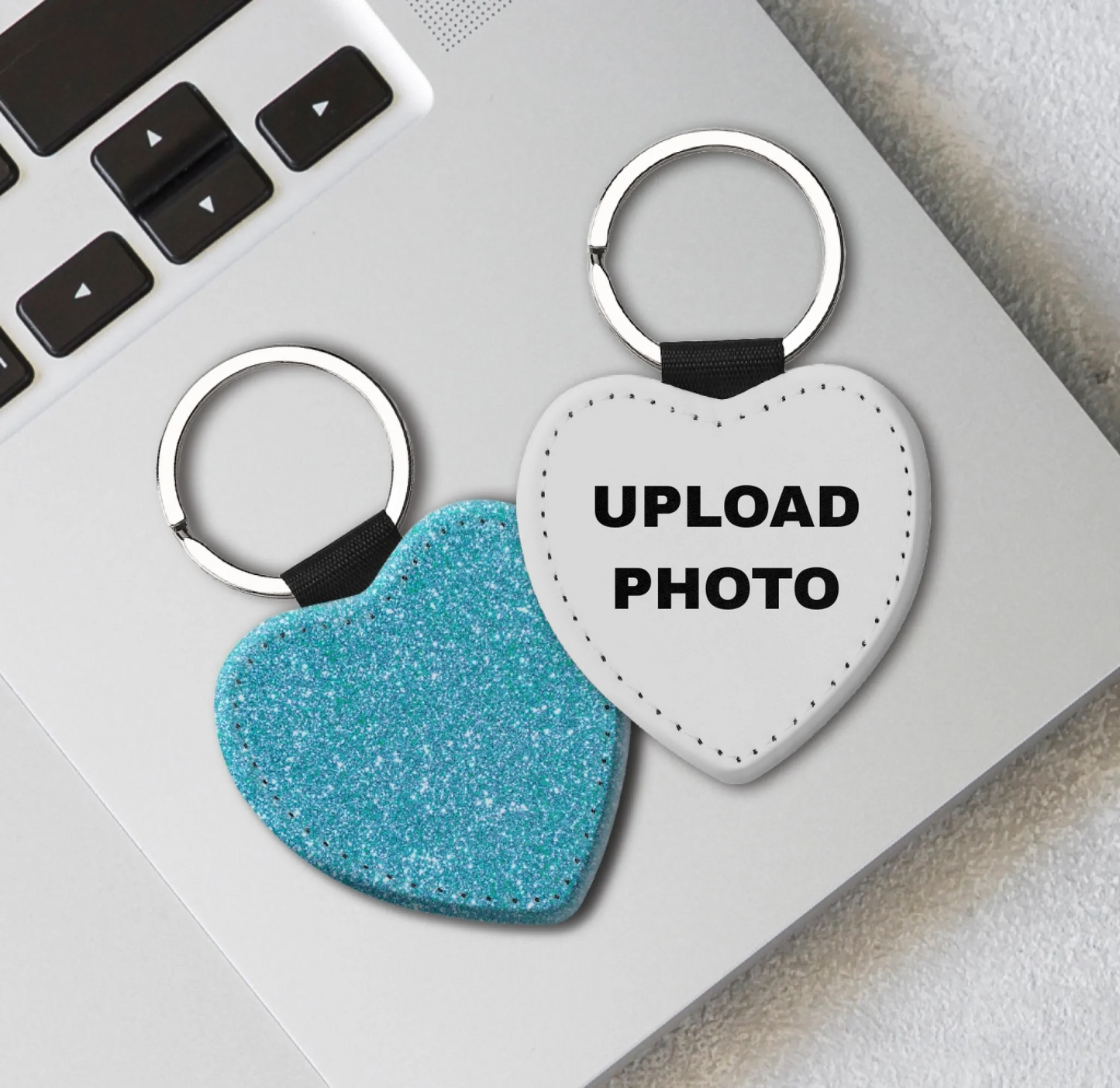 Blue glitter heart PU leather keychain customized with logos, photos, names, and custom artwork.