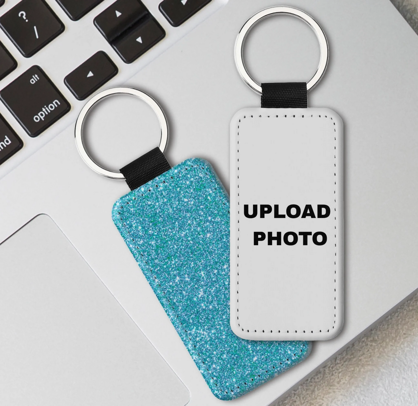 Blue glitter rectangle PU leather keychain customized with logos, photos, names, and custom artwork.