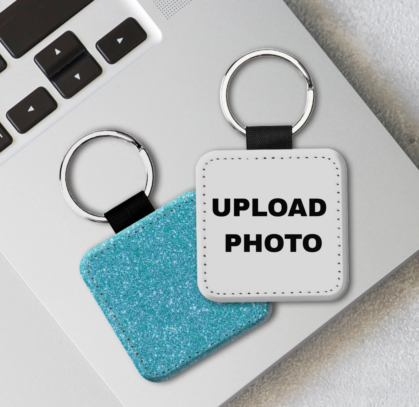 Blue glitter square PU leather keychain customized with logos, photos, names, and custom artwork.