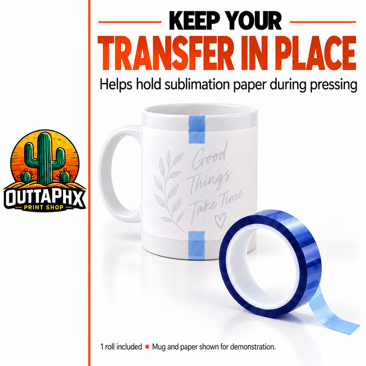 Blue heat tape holding a faint botanical sublimation transfer on a white ceramic mug.