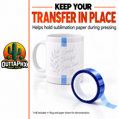 Blue heat tape holding a faint botanical sublimation transfer on a white ceramic mug.