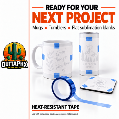 Blue heat tape securing sublimation transfers with faint artwork on a mug, tumbler and coaster.
