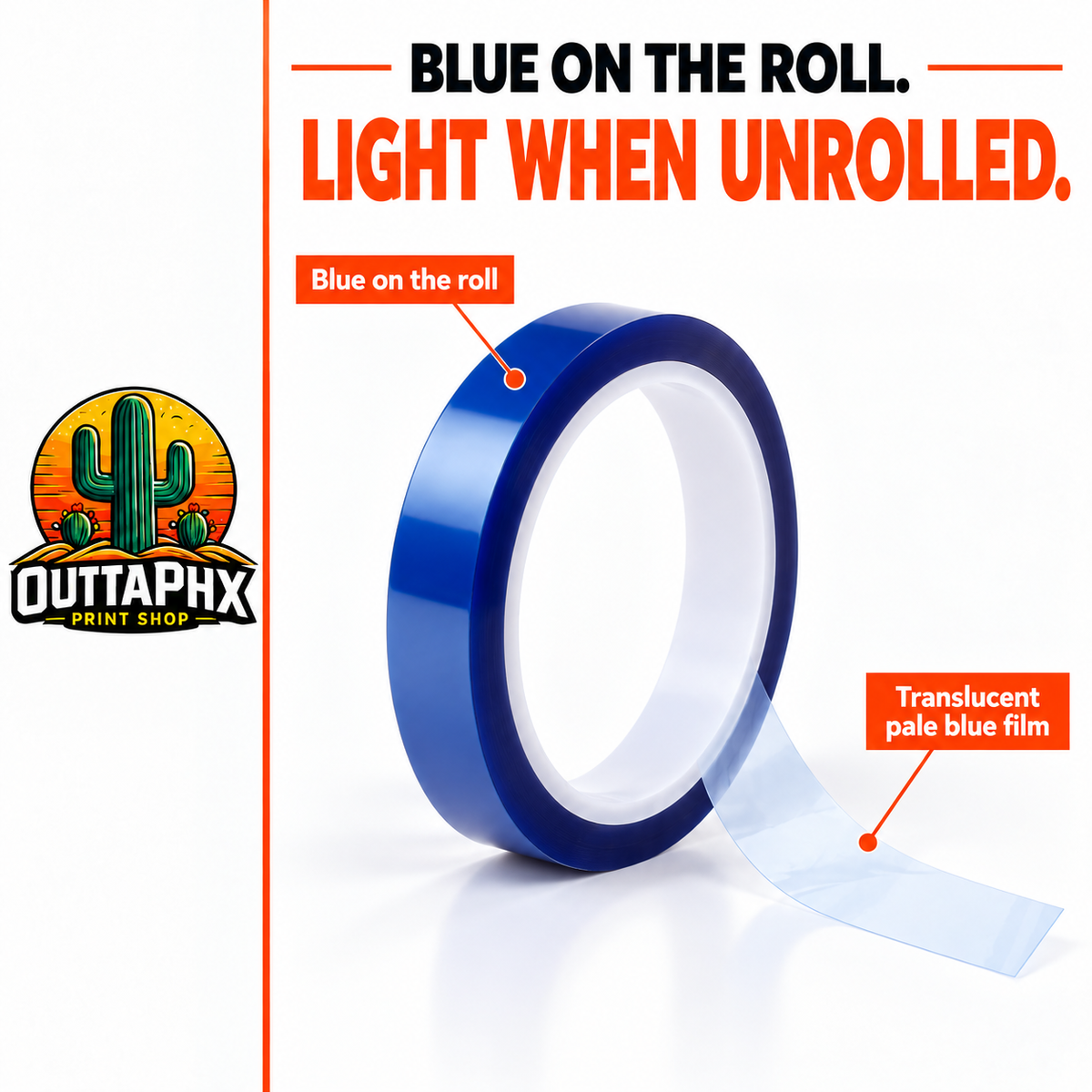 Blue heat-resistant tape roll with a close-up view of its translucent pale blue film.