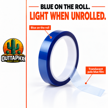 Blue heat-resistant tape roll with a close-up view of its translucent pale blue film.