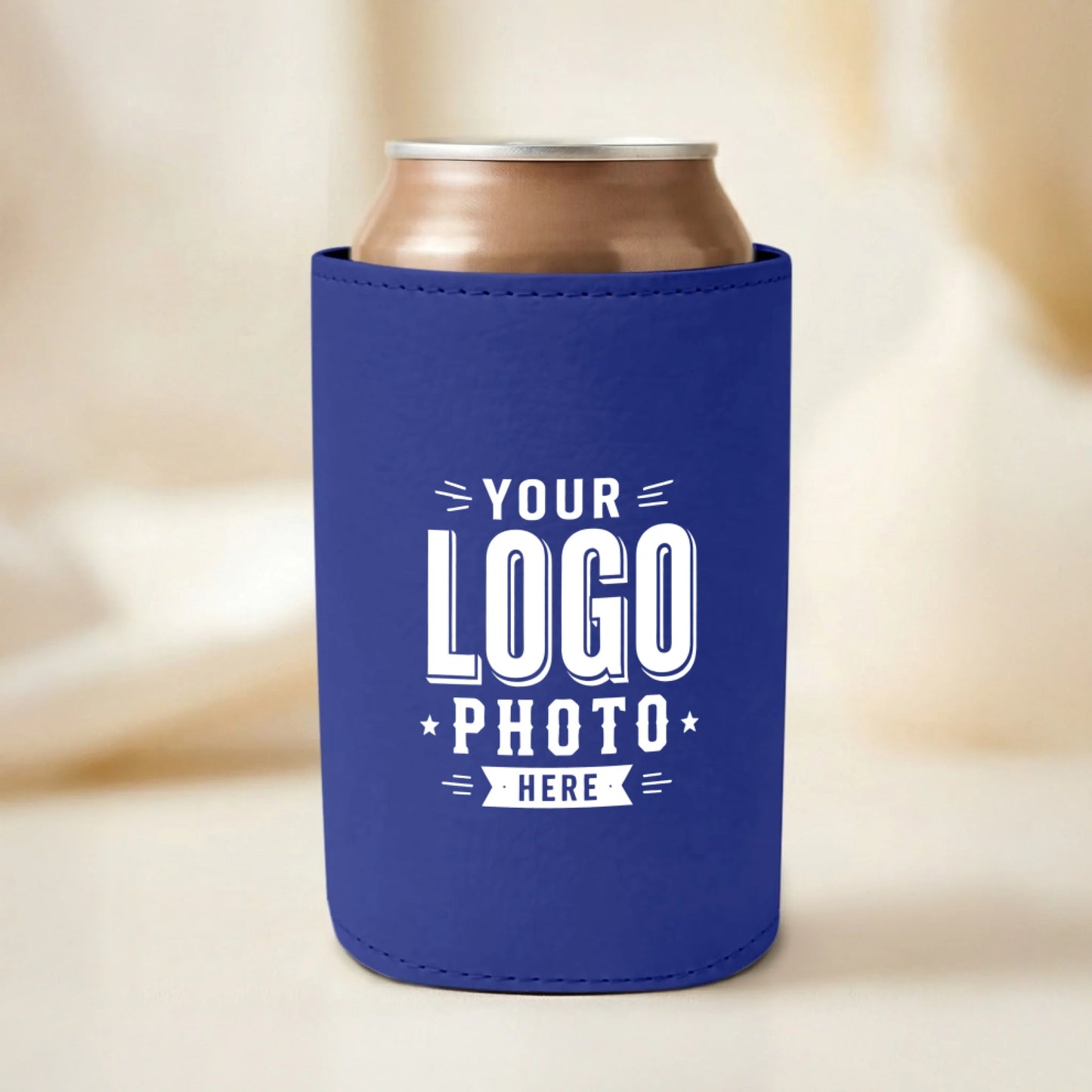 Custom blue leatherette can cooler with UV printed logos, names, photos, and artwork for corporate gifts, sports teams, businesses, events, and promotional marketing.