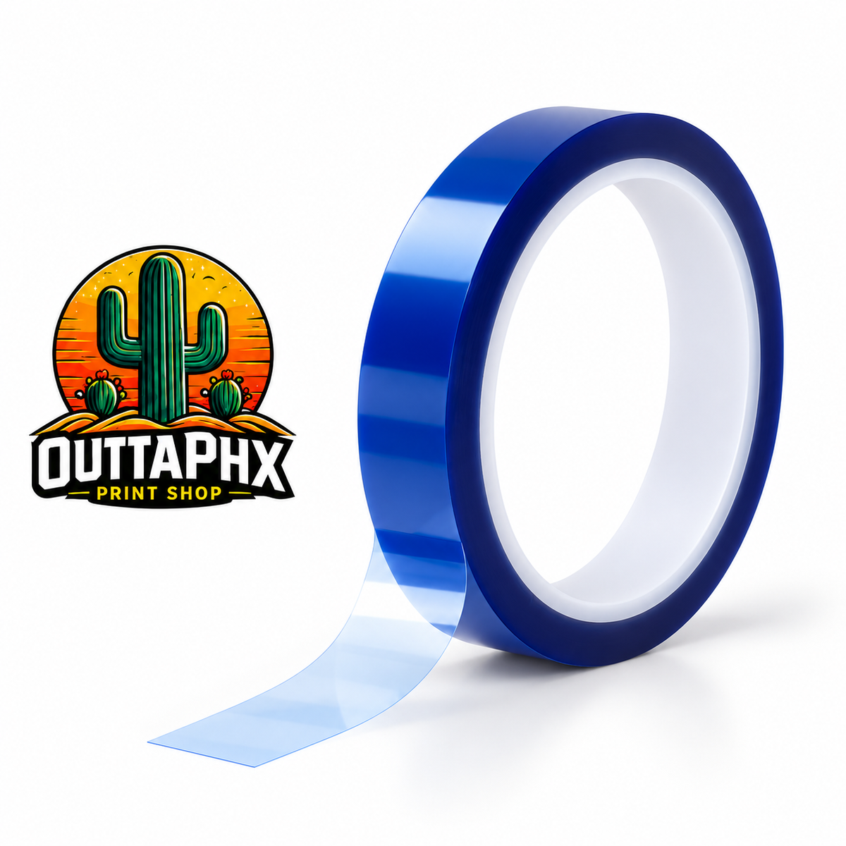 Single blue heat-resistant tape roll with translucent pale blue tail and Outta Phx logo.