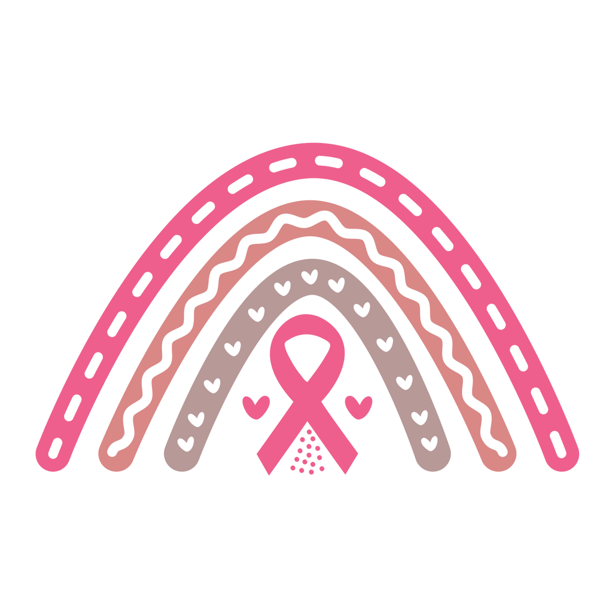 Boho rainbow in pink, coral and taupe with patterned arches, small hearts and a pink awareness ribbon.