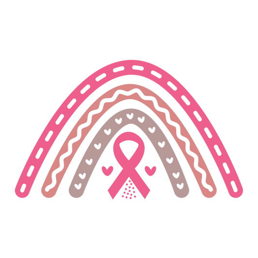 Boho rainbow in pink, coral and taupe with patterned arches, small hearts and a pink awareness ribbon.