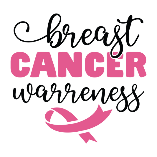 Breast Cancer Awareness lettering with pink CANCER, black script and a large curved pink ribbon.