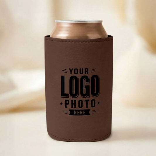 Custom UV printed brown leatherette can cooler in Phoenix AZ by Outta PHX Print Shop
