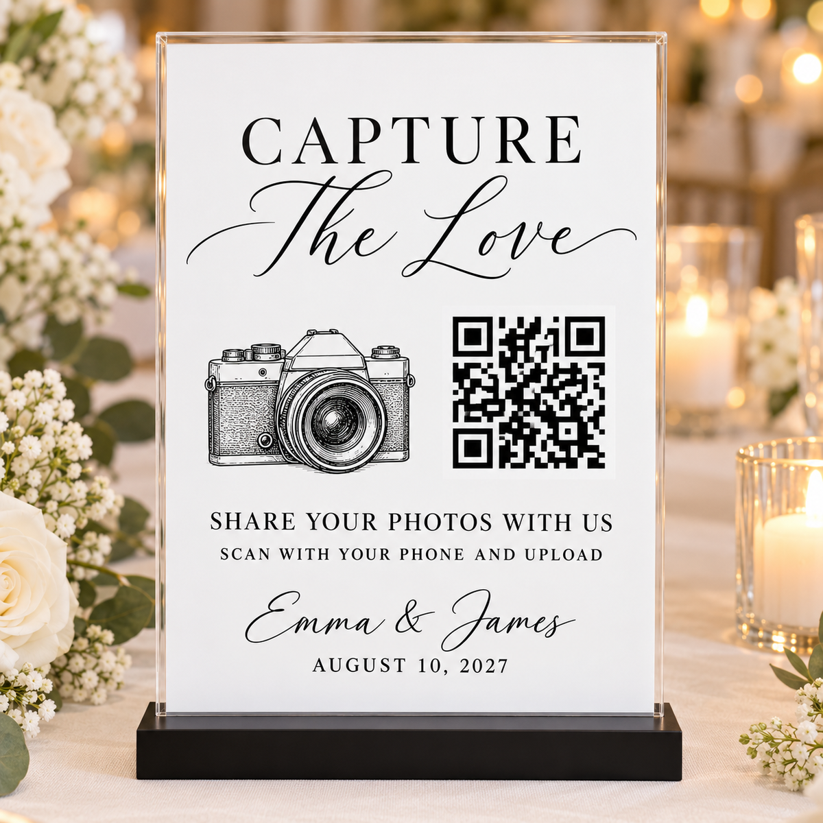 Capture the Love wedding sign with camera beside QR code in a clear 5x7 holder with black base