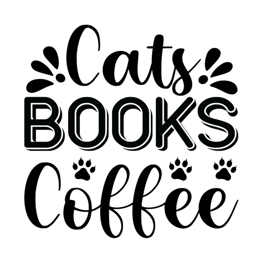 Stacked Cats Books Coffee lettering combines script, outlined capitals and paw prints for readers who love cats and coffee.