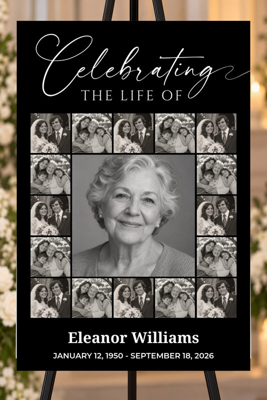 Celebrating a Life black memorial foam board, classic photo grid, 24 by 36 inches, shown on an easel with sample photos