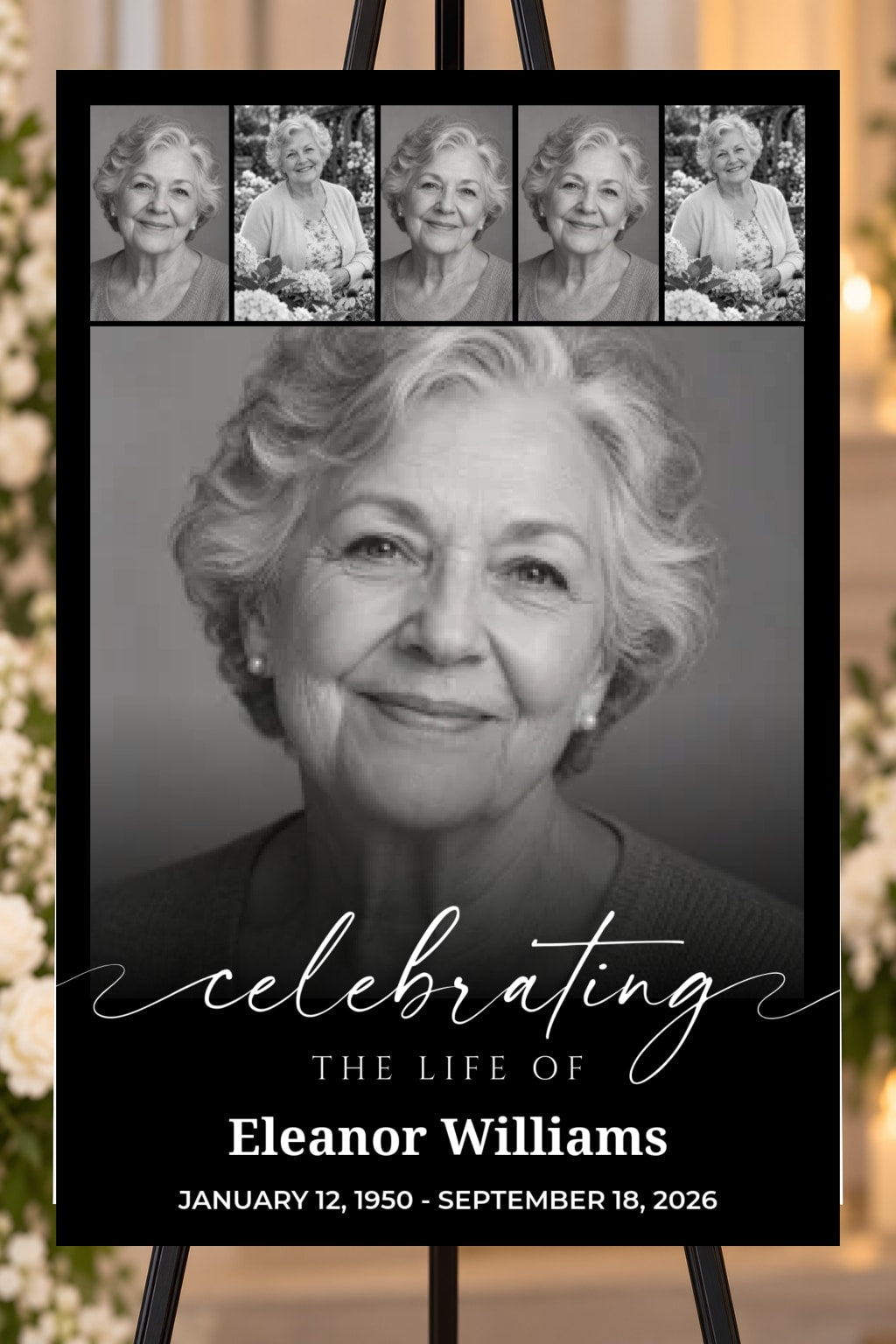 Celebrating a Life black memorial foam board, five memories above, 24 by 36 inches, shown on an easel with sample photos