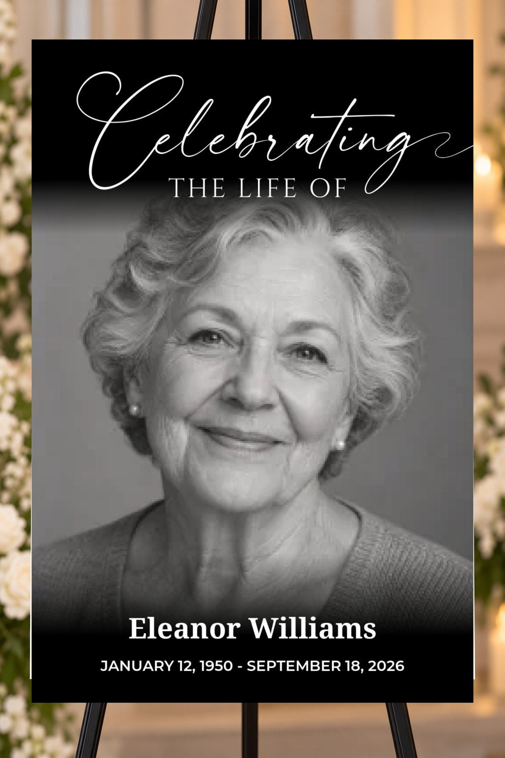 Celebrating a Life black memorial foam board, full width portrait, 24 by 36 inches, shown on an easel with sample photos