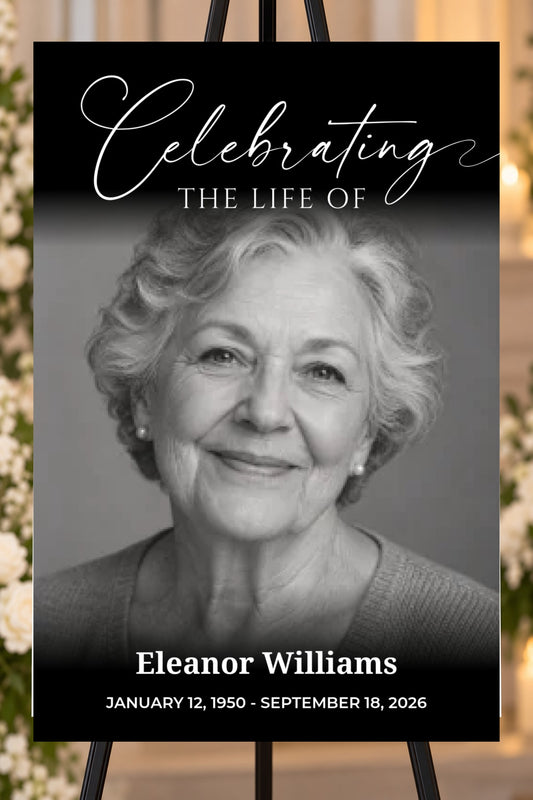 Celebrating a Life black memorial foam board, full width portrait, 24 by 36 inches, shown on an easel with sample photos
