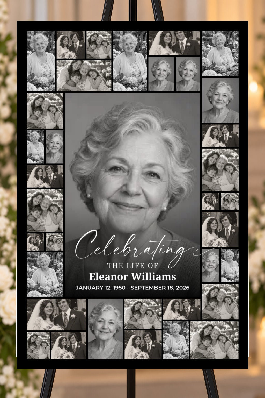 Celebrating a Life black memorial foam board, mosaic photo collage, 24 by 36 inches, shown on an easel with sample photos