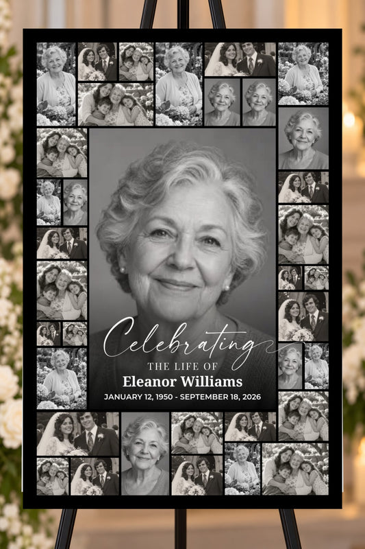 Celebrating a Life black memorial foam board, mosaic photo collage, 24 by 36 inches, shown on an easel with sample photos
