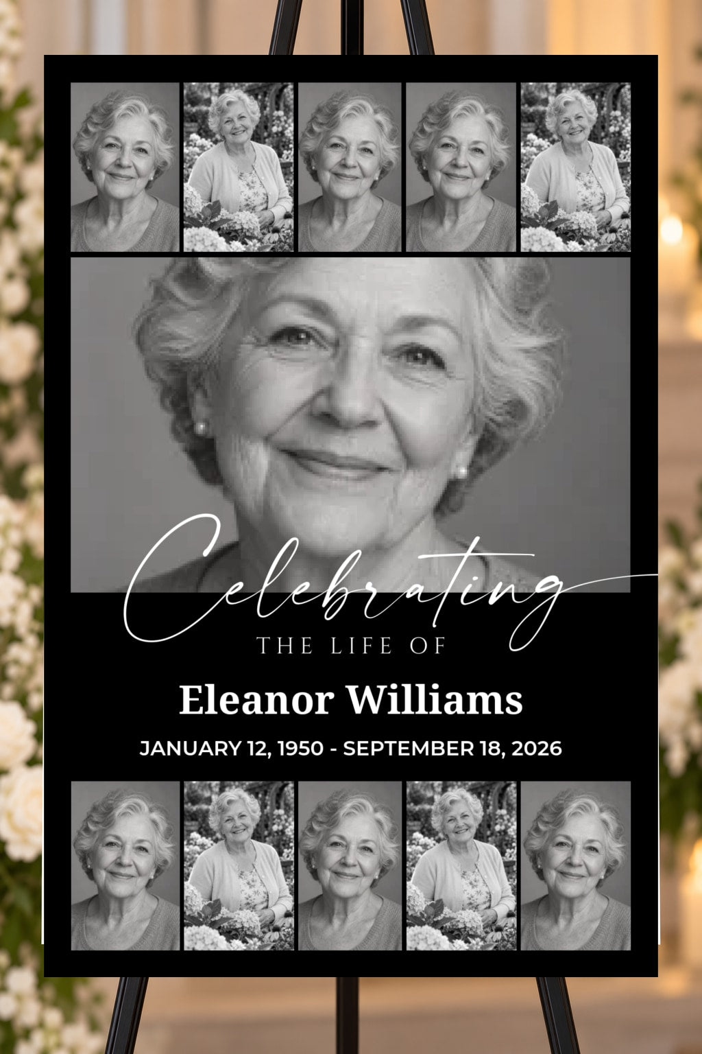 Celebrating a Life black memorial foam board, portrait & memory rows, 24 by 36 inches, shown on an easel with sample photos
