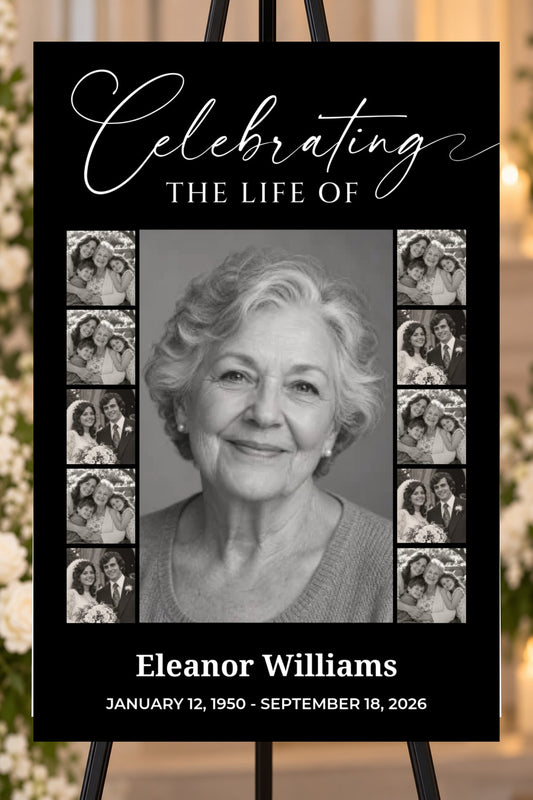Celebrating a Life black memorial foam board, portrait & side photos, 24 by 36 inches, shown on an easel with sample photos