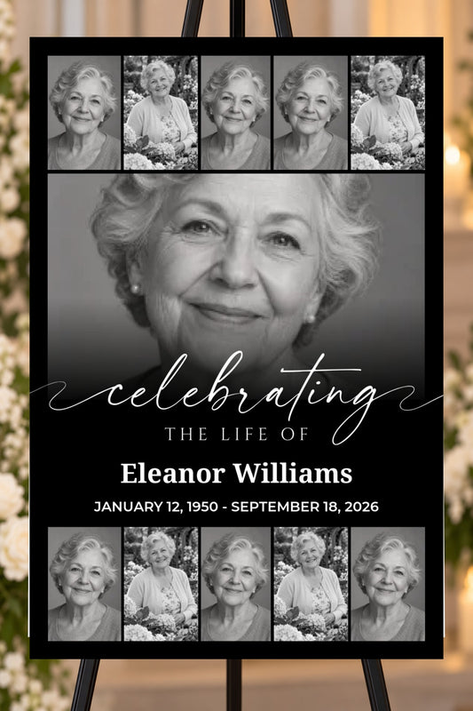 Celebrating a Life black memorial foam board, top & bottom memories, 24 by 36 inches, shown on an easel with sample photos