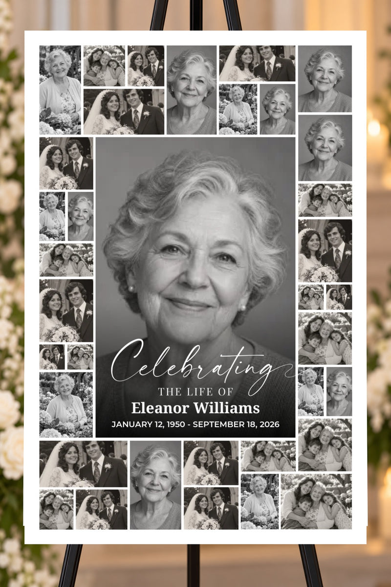Celebrating a Life memorial foam board with sample photos, larger bold name and readable life dates, 24 by 36 inches
