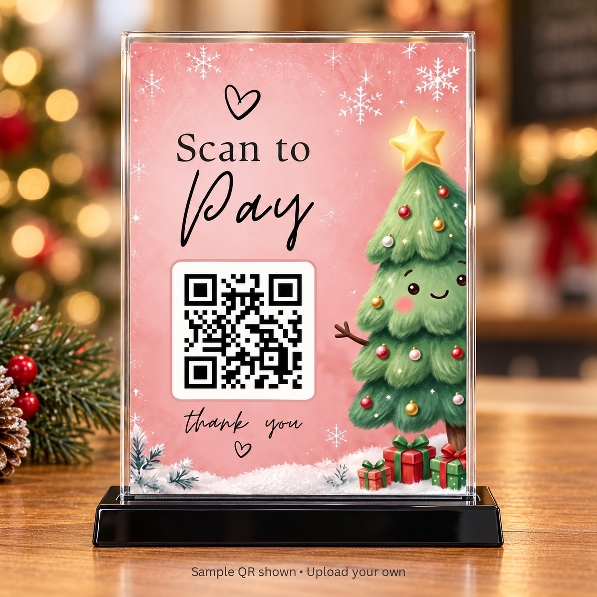 Christmas tree Scan to Pay sign in a clear acrylic holder with black base; sample QR shown, upload your own