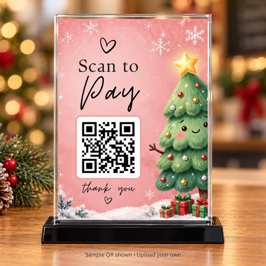 Christmas tree Scan to Pay sign in a clear acrylic holder with black base; sample QR shown, upload your own