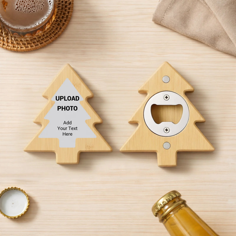 Customized Christmas Tree metal magnet bottle opener with raised 3D UV embossed texture, printed in Phoenix Arizona.
