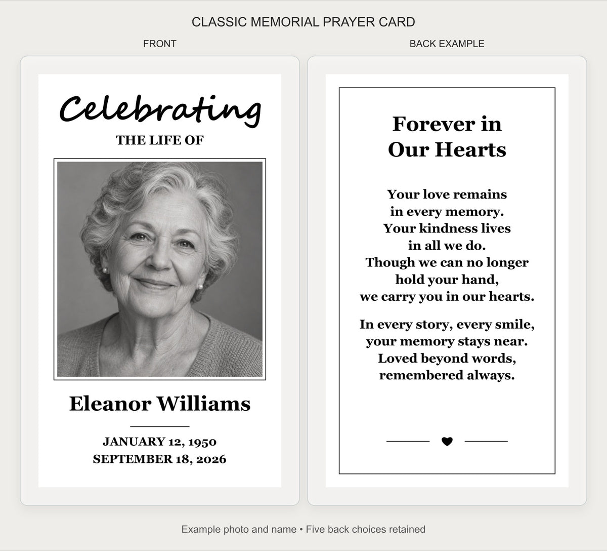 Classic black and white personalized laminated memorial prayer cards showing the portrait front and remembrance back