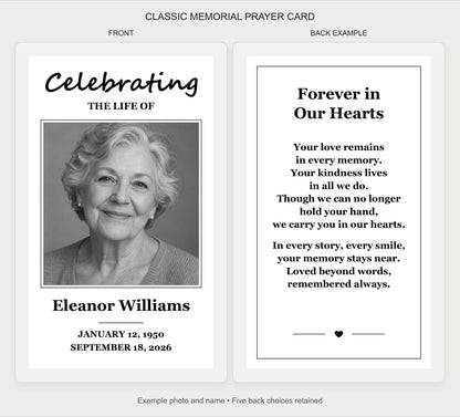 Classic black and white personalized laminated memorial prayer cards showing the portrait front and remembrance back