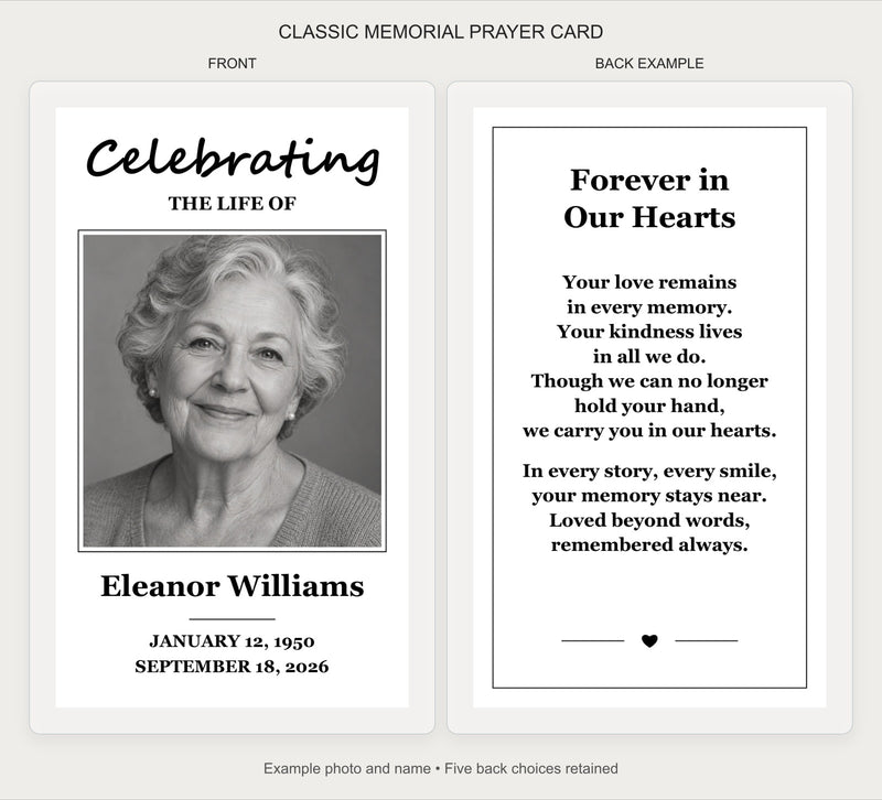 Classic black and white personalized laminated memorial prayer cards showing the portrait front and remembrance back
