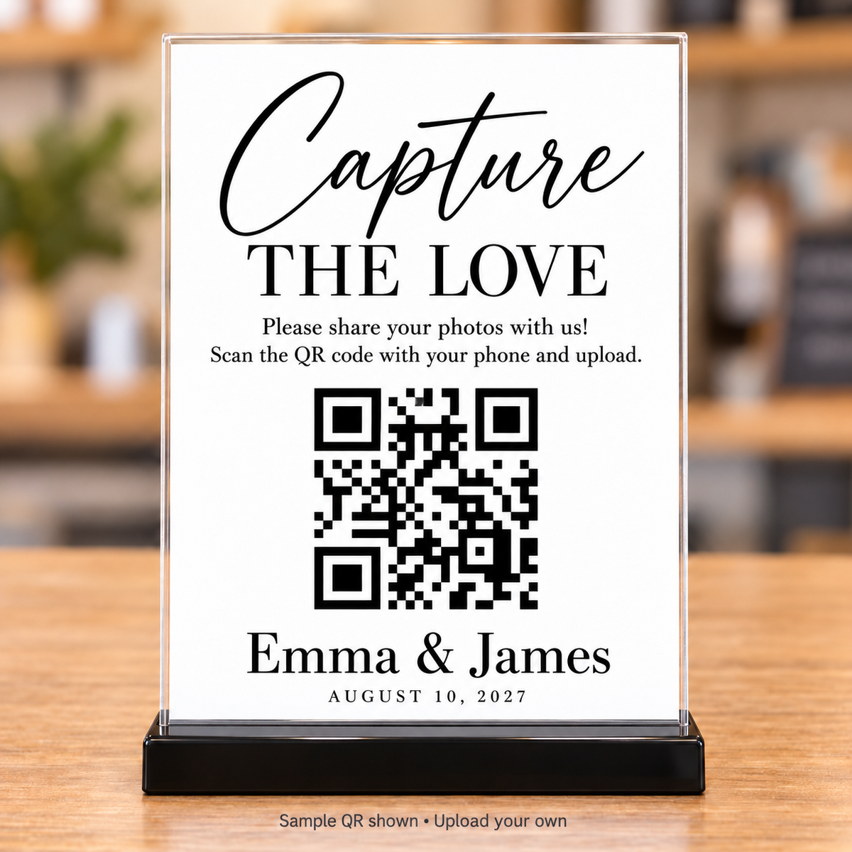 Classic Capture the Love black and white wedding photo-sharing QR code sign in a clear 5x7 holder with black base