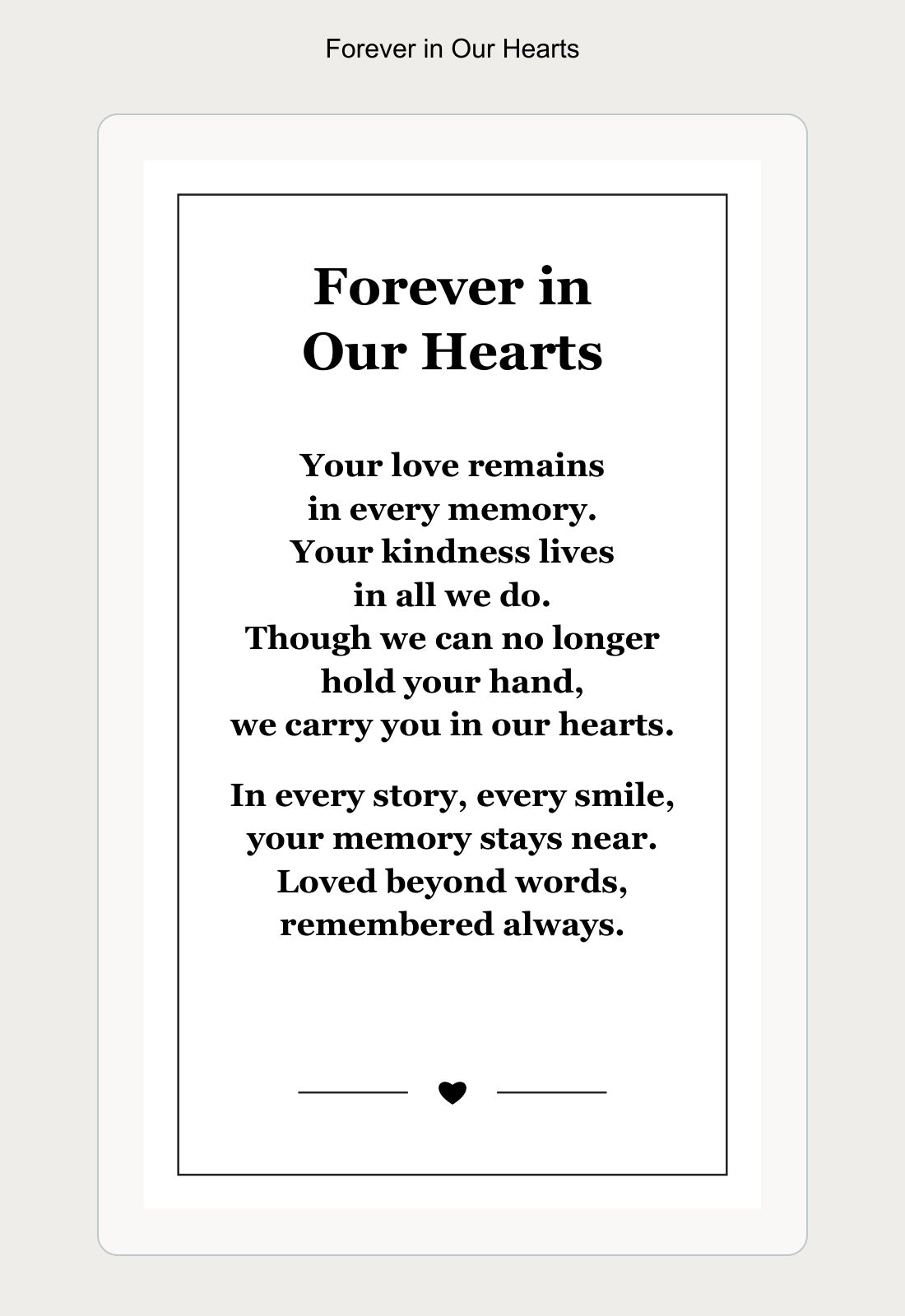 forever in our hearts laminated prayer card back example