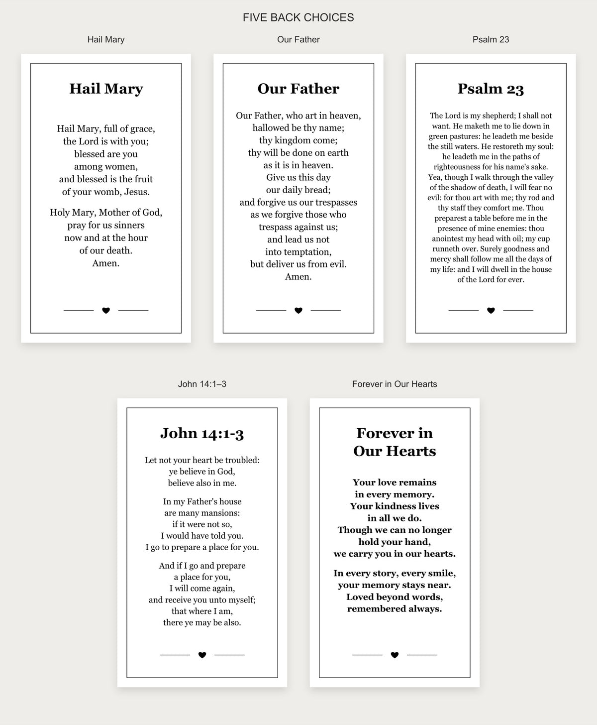 Five back choices for classic laminated memorial prayer cards
