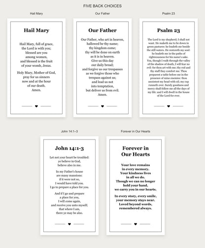 Five back choices for classic laminated memorial prayer cards