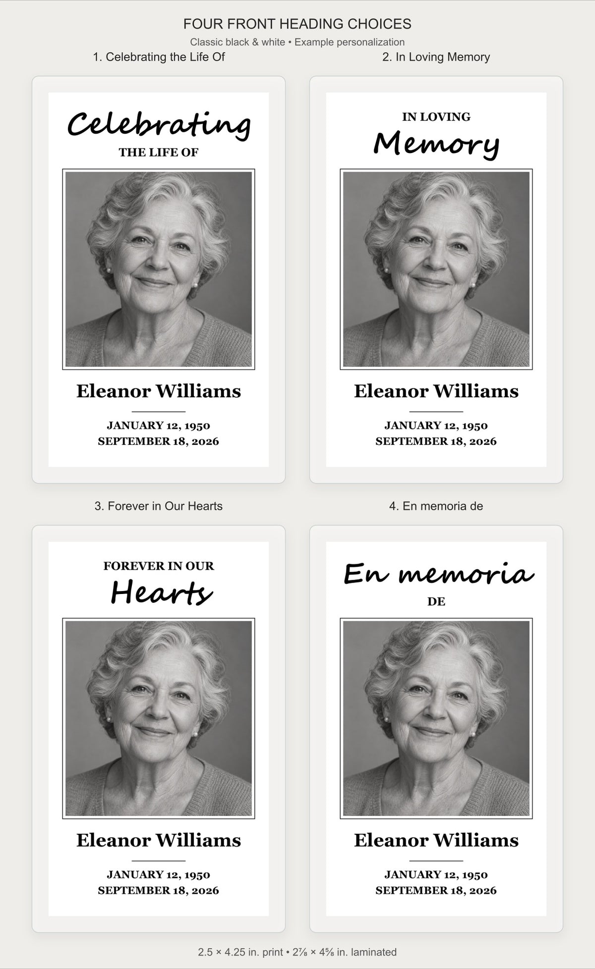 Four heading choices for classic personalized memorial prayer cards