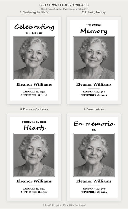 Four heading choices for classic personalized memorial prayer cards