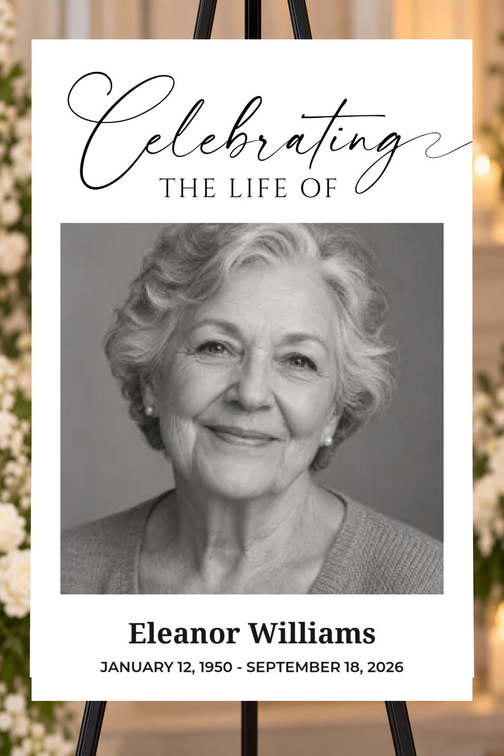 Celebrating a Life memorial foam board with sample photos, larger bold name and readable life dates, 24 by 36 inches